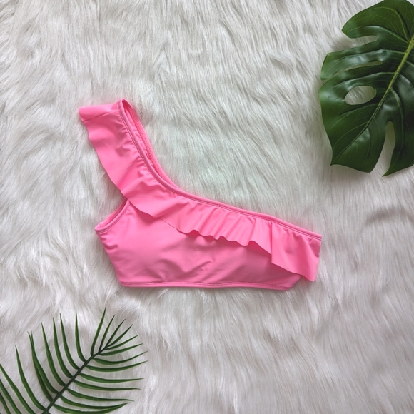 Bright pink ruffle trim one shoulder bikini top size S M L - Picture 2 of 6